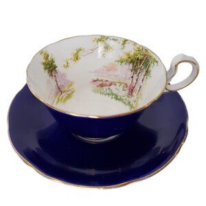 Vintage Aynsley English Bone China Cobalt Cup Saucer Woodland Scene Rare